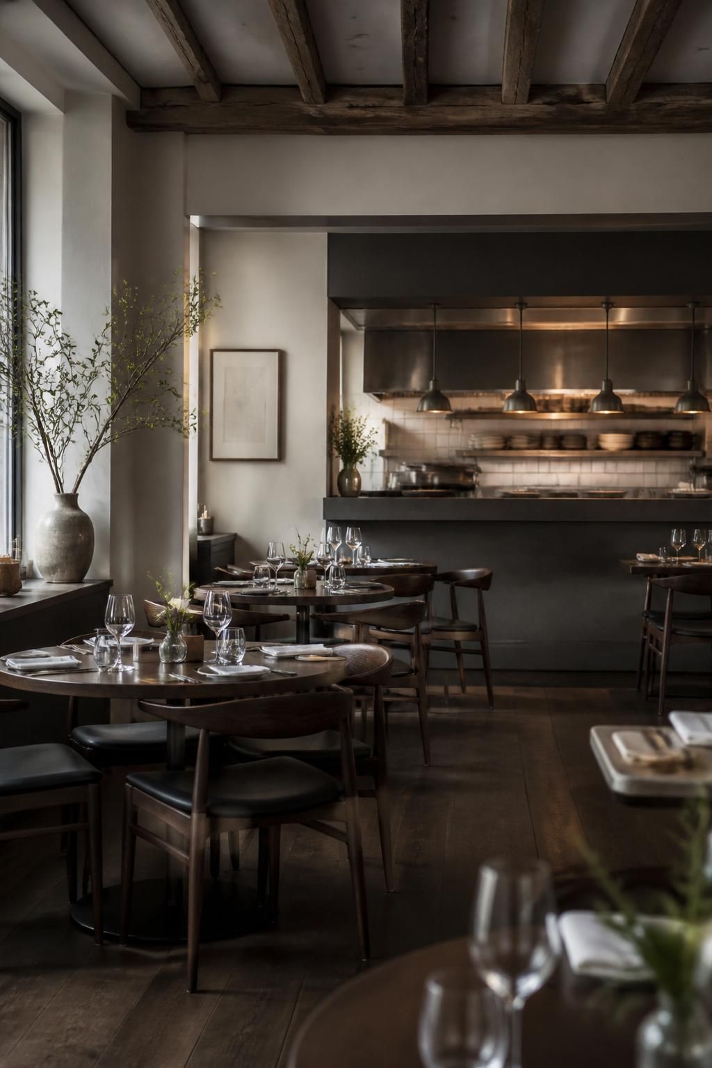 Modern restaurant interior with polished dining tables and open kitchen view.