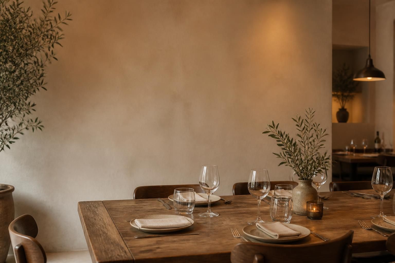 Set restaurant table with warm light and space for website text.