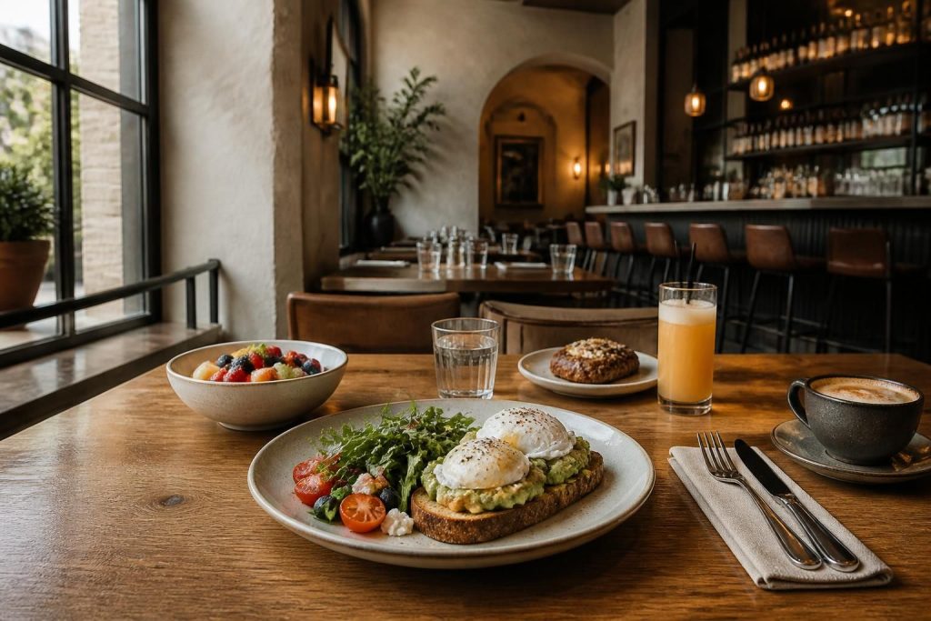 Brunch spread in a warm restaurant dining space with soft natural light.